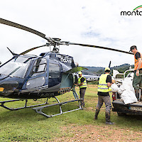 Helicopter delivering supplies at Camp Citron, Montagne d'Or